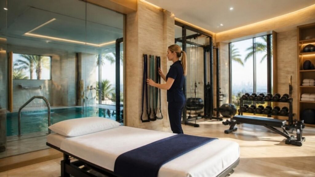 Case Study: Building a Private Physiotherapy Practice Inside a Family Residence in Dubai 1 European physiotherapist preparing a private treatment suite with rehabilitation gym and hydrotherapy pool inside a Dubai residence