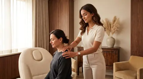 Western-trained osteopath delivering discreet manual musculoskeletal care to a seated patient in a private treatment room