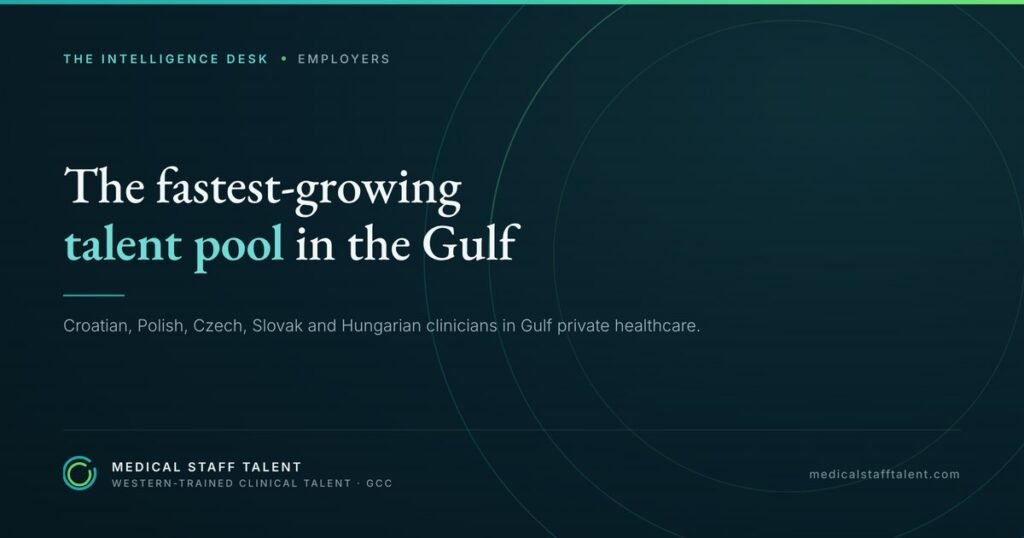 Why Croatian, Polish, Czech, Slovak and Hungarian Clinicians Are the Fastest-Growing Talent Pool in Gulf Private Healthcare 3 The Intelligence Desk briefing cover: Croatian, Polish, Czech, Slovak and Hungarian clinicians as the fastest-growing talent pool in Gulf private healthcare.