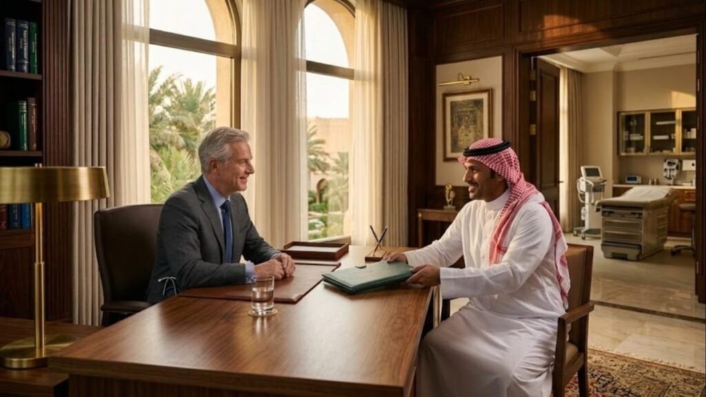 UK-trained consultant physician and a Saudi household private secretary reviewing a closed appointment folder in the private office of a Riyadh royal residence's medical wing