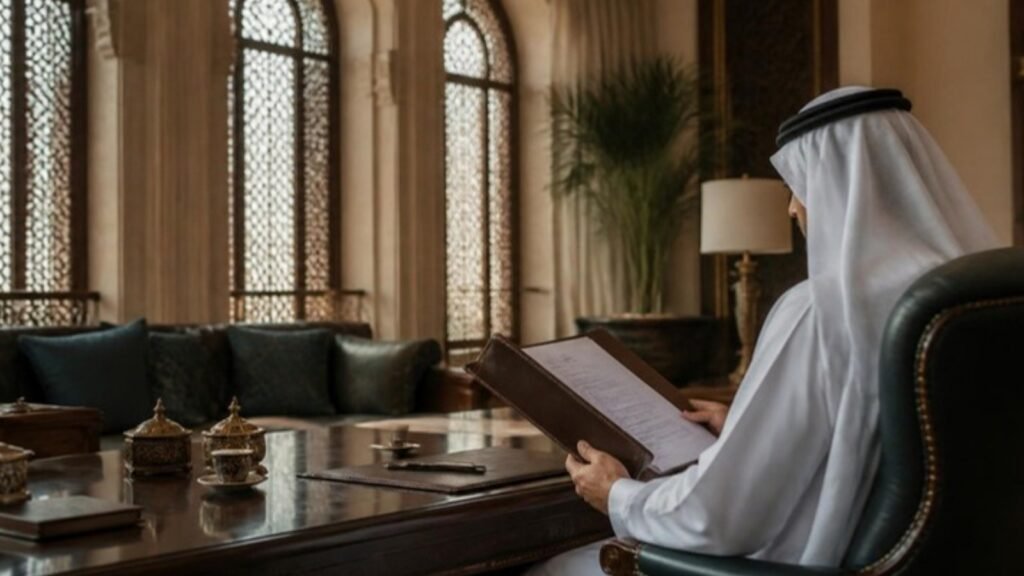Chief of staff reviewing a confidential file in a private Gulf residence