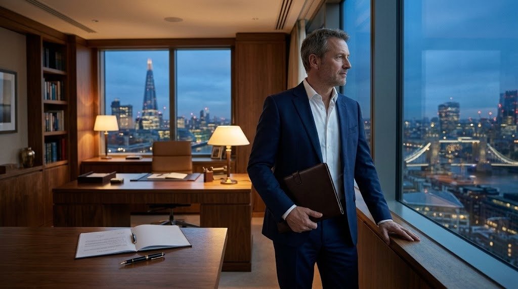 Counter-Offer Risk in Private Family Appointments: Why UK & European-Trained Consultants Withdraw at Week Ten 1 European consultant physician at a London office window at dusk, weighing a countersigned Royal Household contract