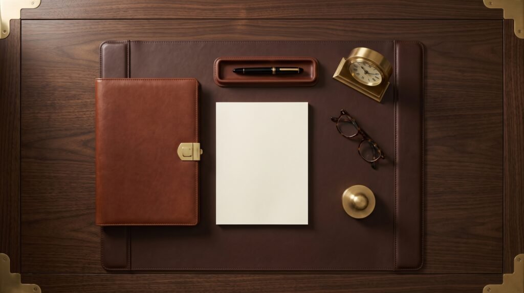 Credential file and leather document folder laid out on a desk, prepared for primary source verification ahead of a Gulf medical licence application