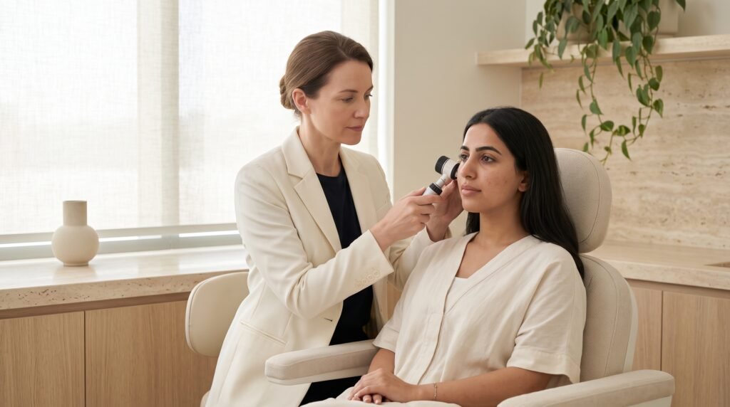 European-trained dermatologist carrying out a dermatoscopic skin assessment in a boutique longevity clinic in the Gulf