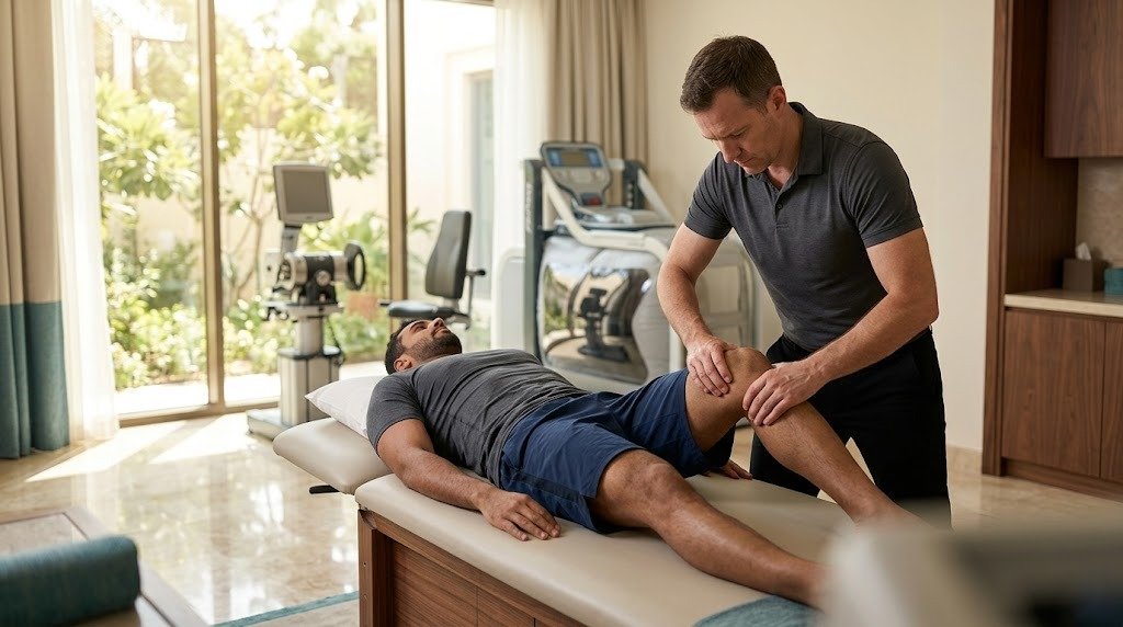 European sports physiotherapist performing a knee assessment on an athlete in a private rehabilitation suite of a Gulf private residence