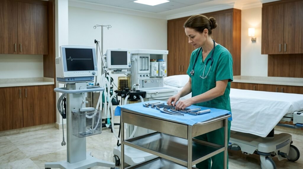 Emergency Medicine & Anaesthesia Consultant Jobs in the Gulf (2026) 4 European-trained emergency and anaesthesia consultant checking the airway trolley in the resuscitation bay of a Gulf royal medical wing