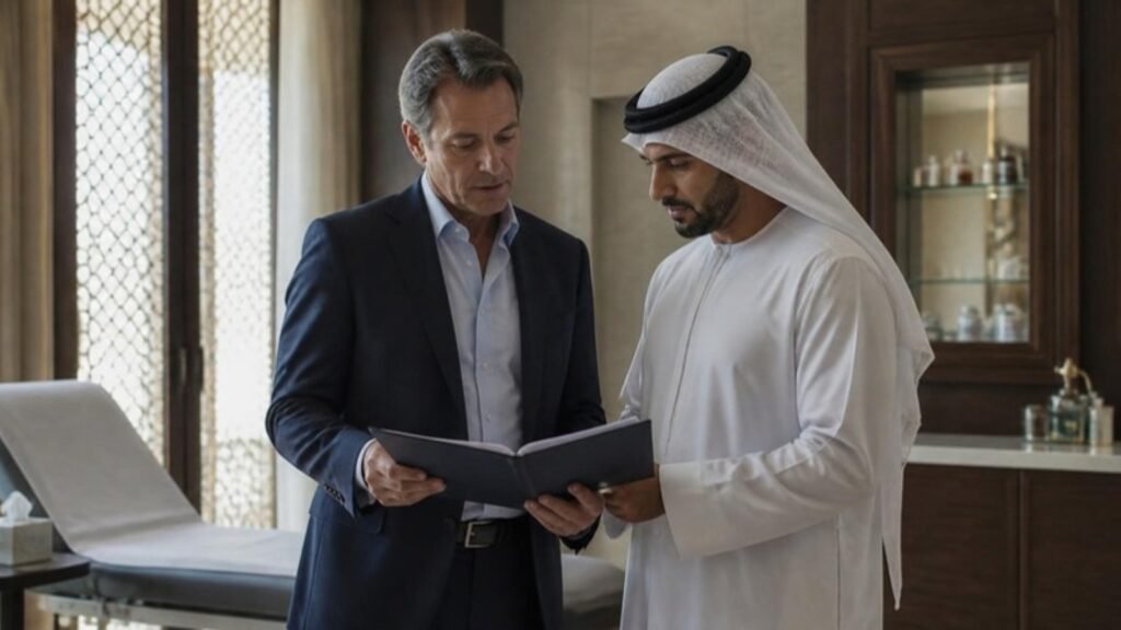 Navigating DOH Licensing: The Executive Pathway for UK & European-Trained Specialists 4 European household physician reviewing a governance file with a Gulf family office director inside a private clinical suite