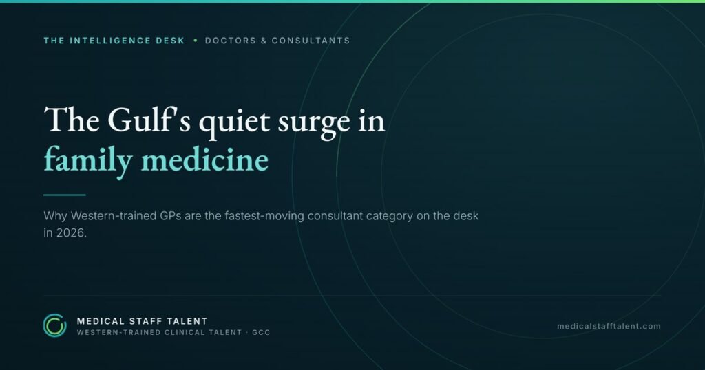Family Medicine Consultant Jobs in the Gulf: The 2026 Demand Surge for UK & European-Trained GPs 4 The Intelligence Desk briefing cover: the Gulf's demand surge for UK & European-trained family medicine consultants and GPs in 2026.