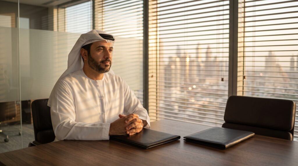 The Family Office Brief: Commissioning a Private Medical Team Without Exposing the Principal 3 Gulf family office chief of staff preparing a confidential medical mandate brief in a private office
