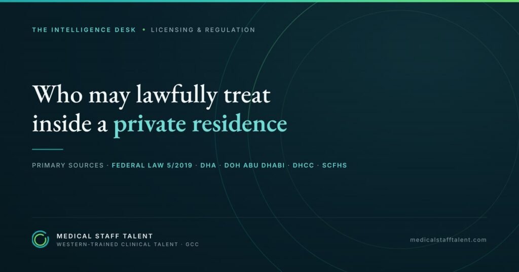 Gulf Home Healthcare Licensing: Who May Lawfully Treat Inside a Private Residence (2026) 1 The Intelligence Desk briefing cover: Gulf home healthcare licensing — who may lawfully treat inside a private residence, citing Federal Law 5/2019, DHA, DOH Abu Dhabi, DHCC and SCFHS.