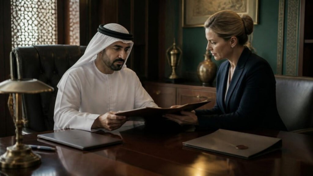 Hiring a Private Nurse or Physician in Dubai, Riyadh or Doha: Who Employs Them, Who Activates the Licence, and What the Contract Must Say (2026) 1 A Gulf household chief of staff and a European legal adviser reviewing a clinical appointment file in a private office