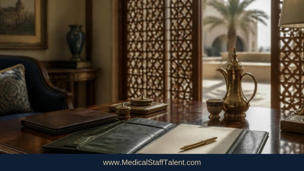 Private study in a Gulf residence with an open leather portfolio and fountain pen, ready for a confidential clinician brief
