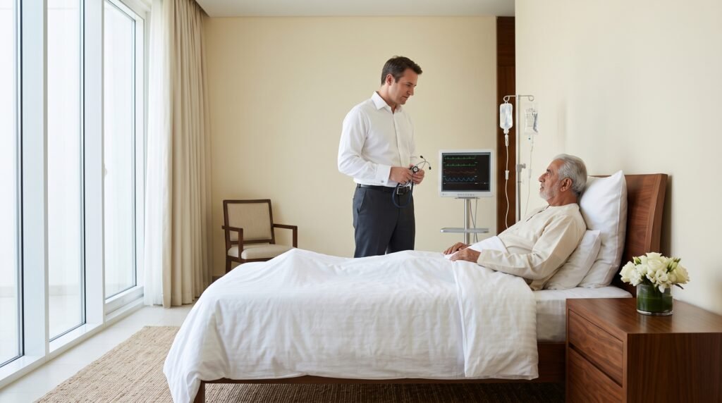 European-trained internal medicine and critical care consultant at the bedside of a monitored patient in a Gulf residence's medical wing