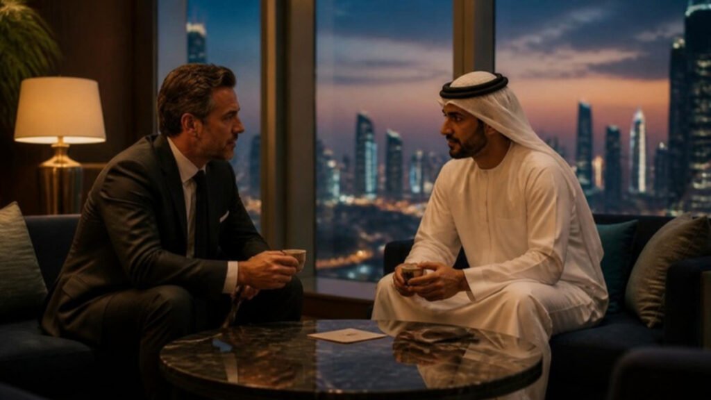 A European introducer and a Gulf family office director in a discreet conversation overlooking the city at dusk