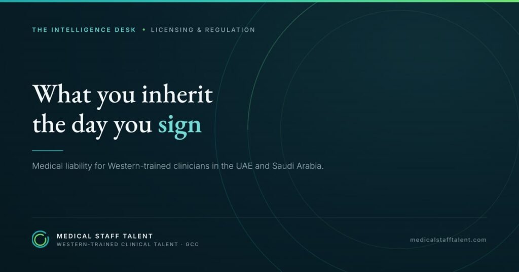 Medical Liability in the UAE and Saudi Arabia: What UK & European-Trained Clinicians Inherit the Day They Sign 4 The Intelligence Desk briefing cover: what UK & European-trained clinicians inherit the day they sign — medical liability in the UAE and Saudi Arabia.
