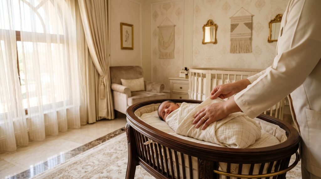 European-trained neonatal nurse settling a newborn in the nursery of a Gulf royal residence