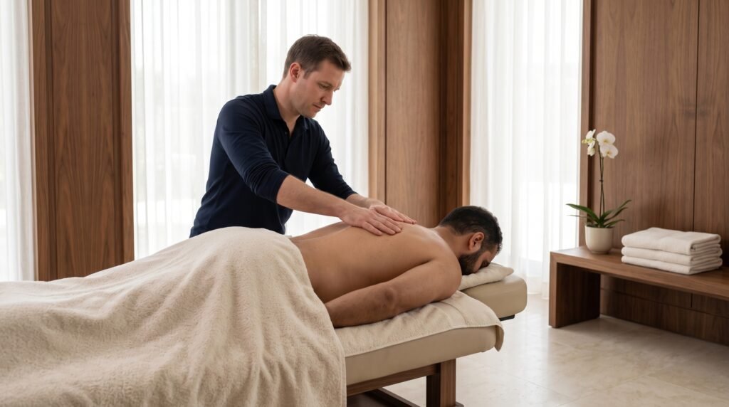 Osteopathy for Royal Households and UHNW Families: Why It Sits Beside Physiotherapy in the Gulf’s Most Private Placements 3 European-trained osteopath delivering manual therapy to a principal in a private treatment room of a Gulf residence