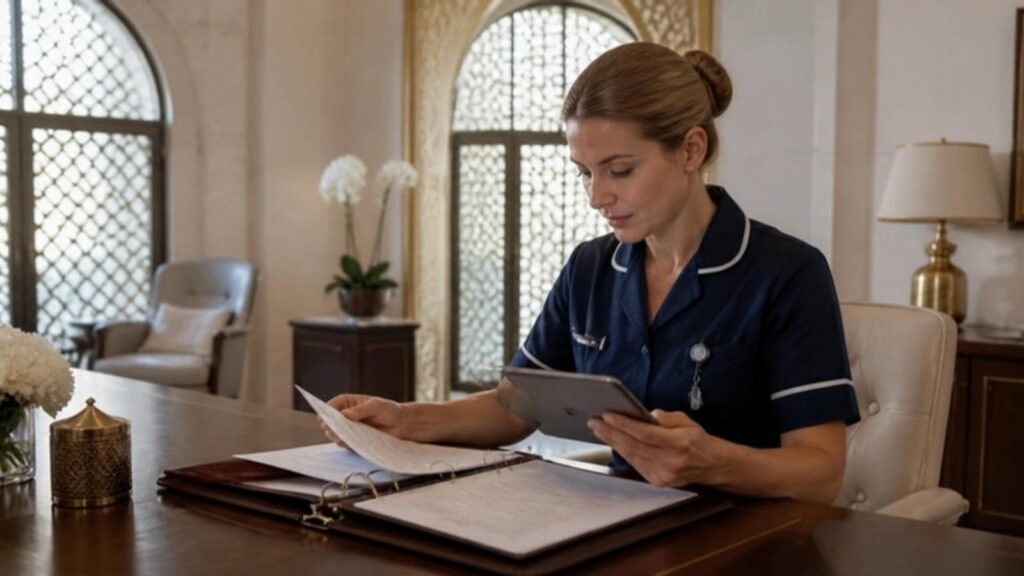 PQR for Nurses in the UAE (2026): Titles, Exam Exemption and Licensing for UK & European-Trained Nurses with Private Families 4 UK-trained private nurse reviewing a UAE PQR licensing dossier in a private family residence in Abu Dhabi