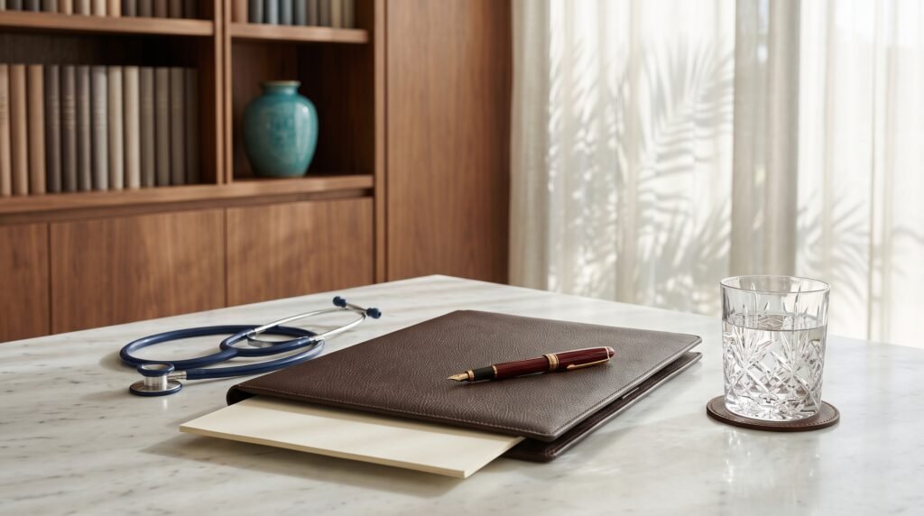 Retainer file, fountain pen and stethoscope on a marble table in the private office of a Gulf residence