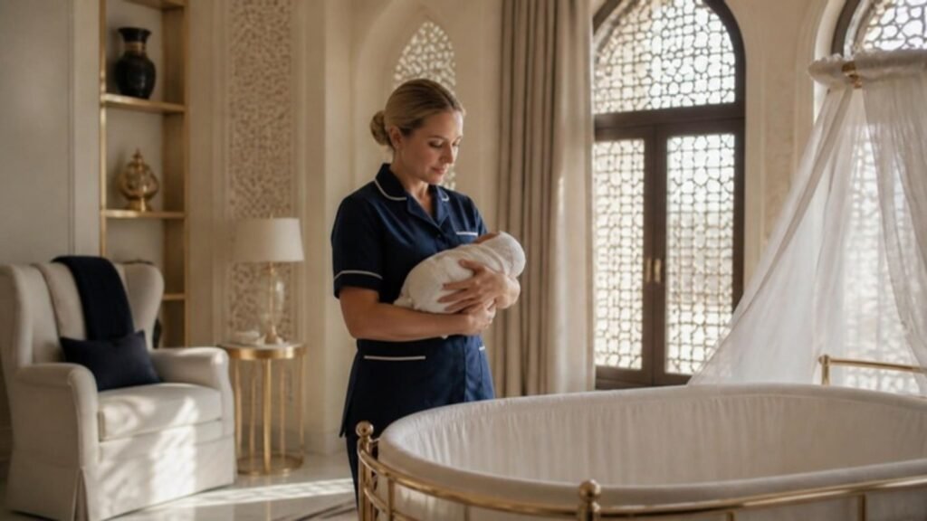 The Private Maternity Nurse in the Gulf: What the Title Buys, and What the Licence Actually Permits 1 UK-trained private maternity nurse holding a swaddled newborn in a private family nursery in Riyadh
