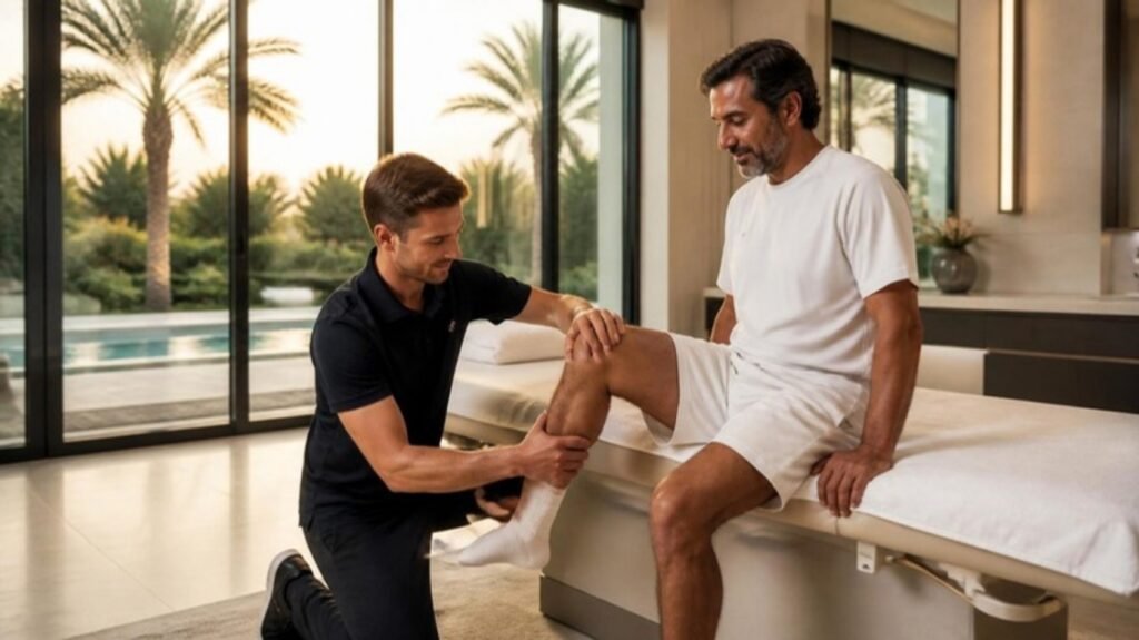 Live-In, Rotational or Fixed-Term? How Private Families Structure a Private Physiotherapist Appointment in the Gulf 4 UK & European-trained private physiotherapist treating a Gulf principal in a villa treatment room