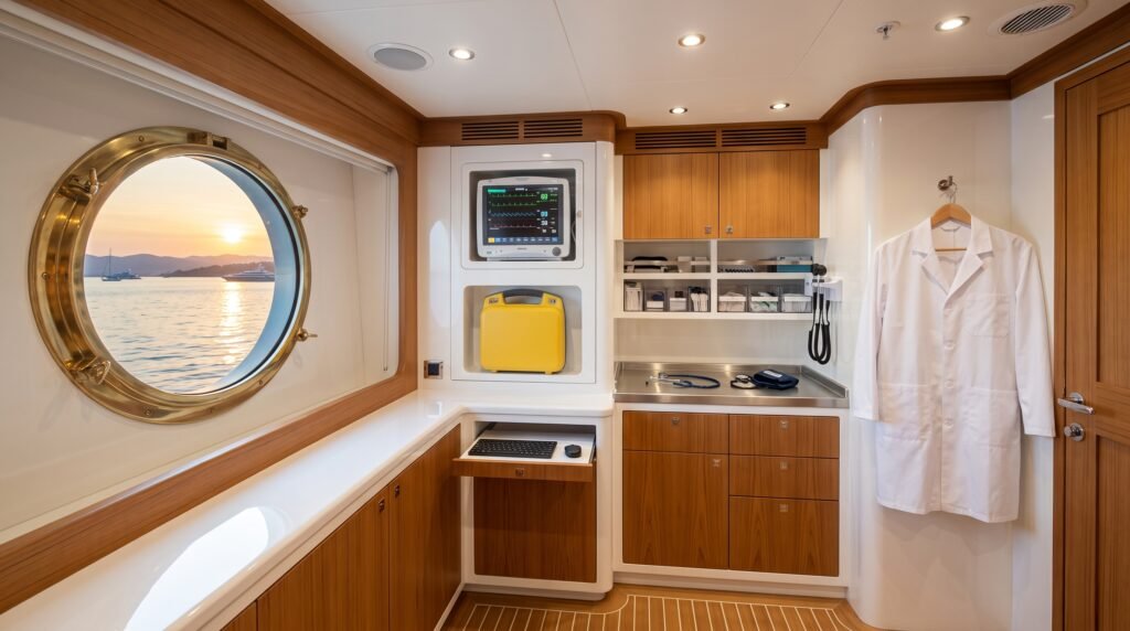 Onboard medical suite of a private yacht in the Mediterranean, equipped for single-patient acute care at sea
