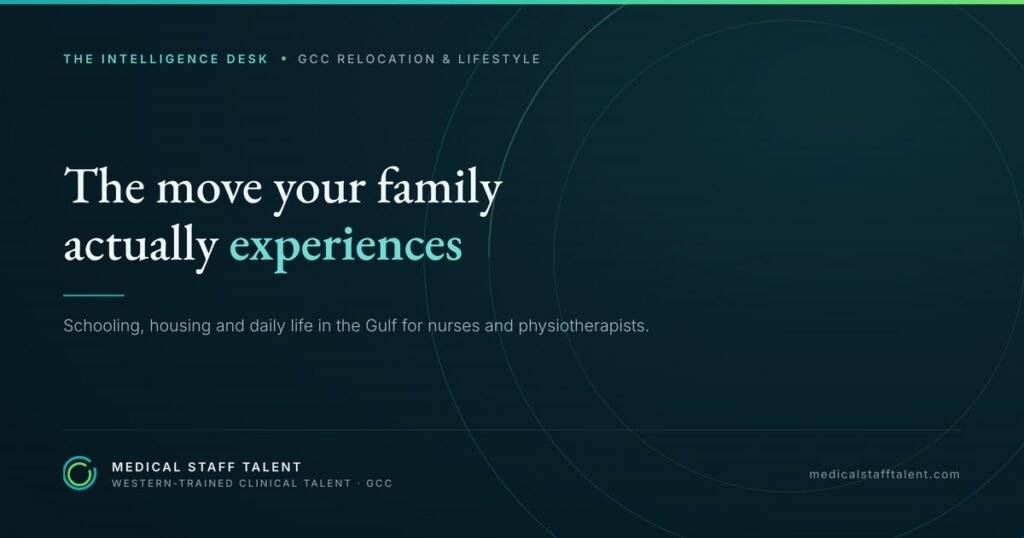 The Intelligence Desk briefing cover: schooling, housing and daily life in the Gulf for Western-trained nurses and physiotherapists.