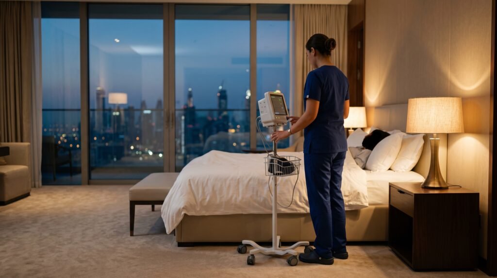 The Senior Private Duty Nurse: Single-Patient Case Management and International Medical Coordination in the Gulf 2 European-trained private duty nurse checking a vital-signs monitor overnight beside a principal in a Gulf residence