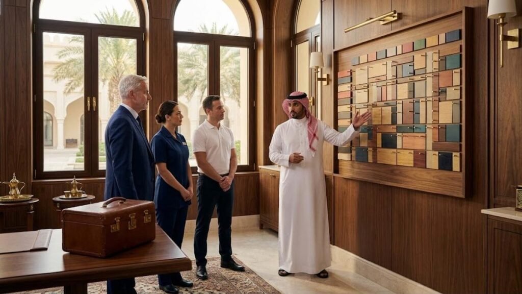 Gulf household private secretary explaining the annual rotation board to a UK & European-trained physician, private nurse and physiotherapist in the planning room of a royal residence's medical wing