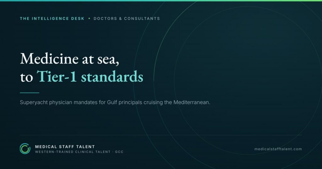 Doctor Jobs Aboard Private Superyachts in the Mediterranean: The 2026 Guide for UK & European-Trained Physicians 2 The Intelligence Desk briefing cover: medicine at sea to Tier-1 standards — superyacht physician mandates for Gulf principals in the Mediterranean.