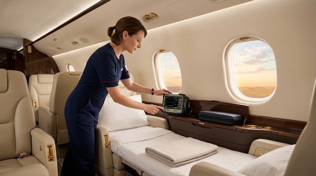 VIP Flight Nurse & Private Aviation Nursing Jobs in the Gulf (2026) 3 UK & European-trained flight nurse checking a portable patient monitor aboard a private jet over the Gulf