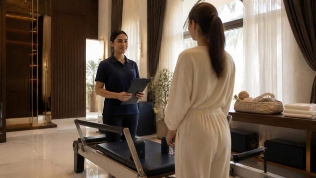 Women's Health & Post-Natal Physiotherapy for Private Families in the Gulf 4 Women's health physiotherapist with a new mother in a private post-natal physiotherapy studio inside a Gulf residence