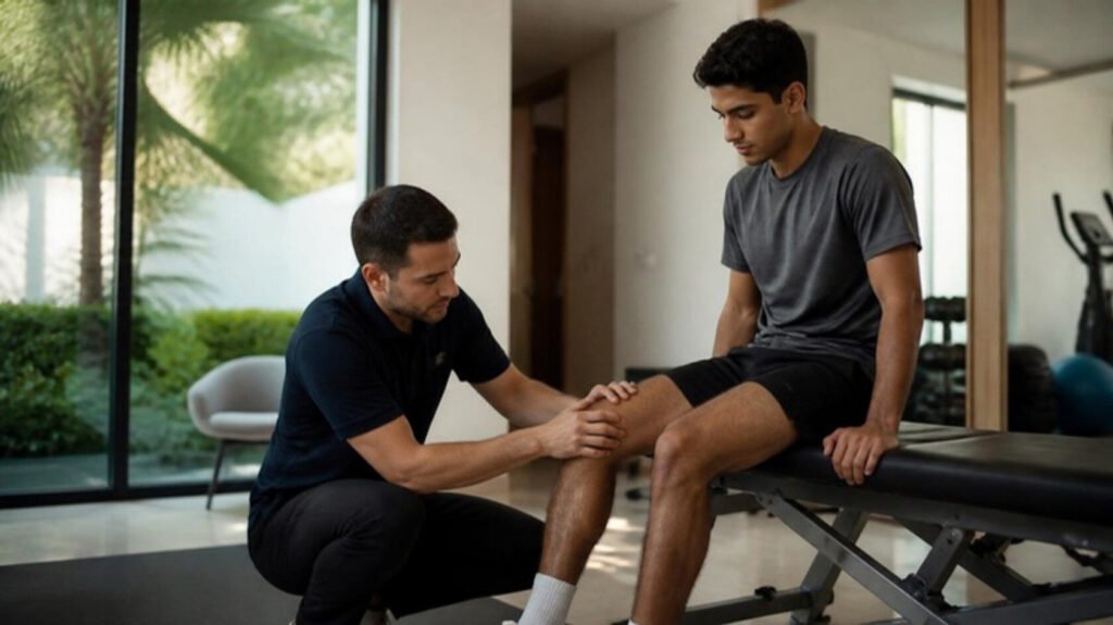 Elite Athletic Rehabilitation Physiotherapy Jobs for Private Families (2026) 3 European sports physiotherapist assessing an athlete's knee in a private rehabilitation gym