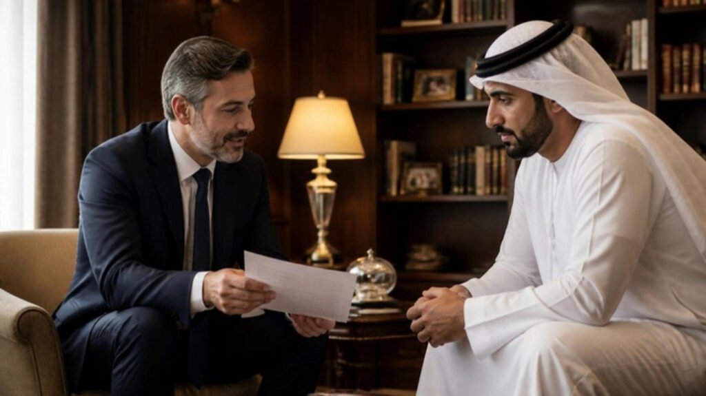European cardiac anaesthetist discussing a care plan with a Gulf family member