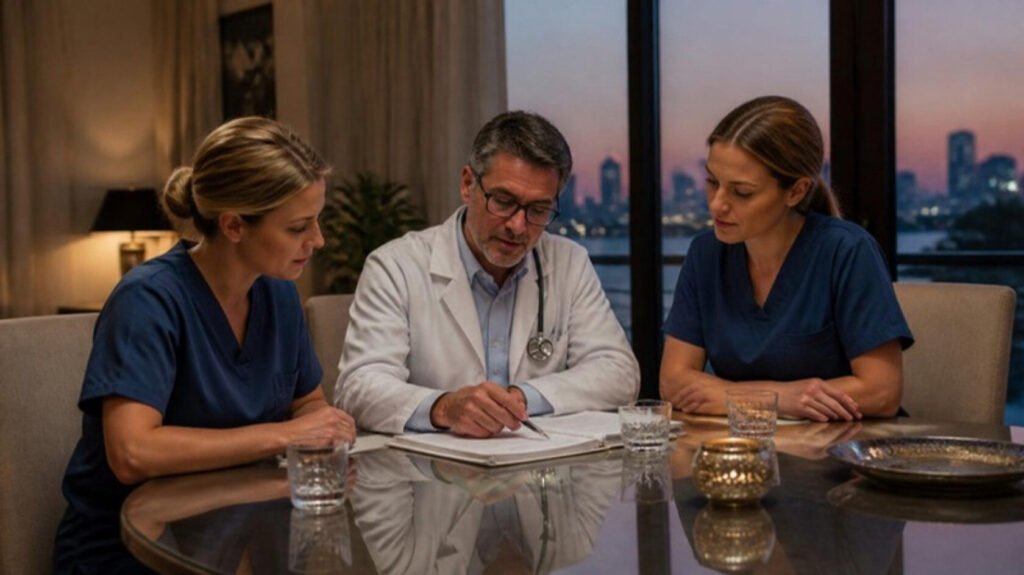 European physician and two nurses reviewing clinical notes together in a private residence