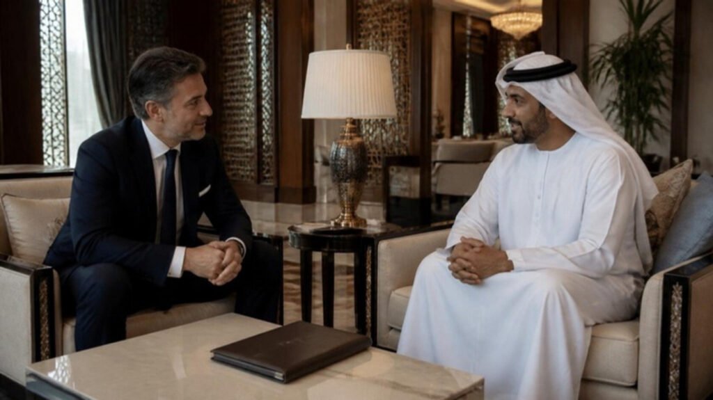 European physician in quiet conversation with a Gulf principal in the majlis of a private residence