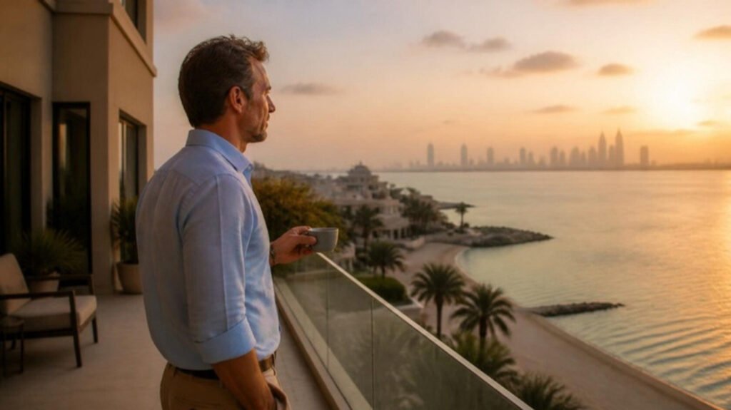 The Wealth Trajectory: UK & European-Trained Talent in the Gulf 9 European clinician on a residence terrace at sunset overlooking the Gulf coastline