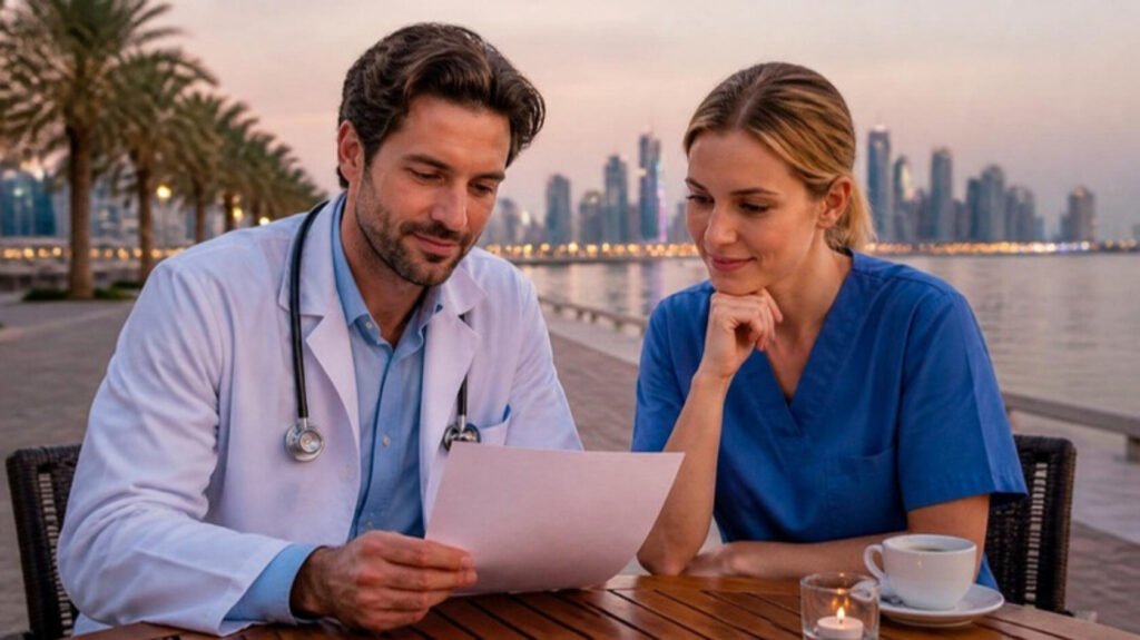 European physician and nurse reviewing an offer letter on a Gulf waterfront