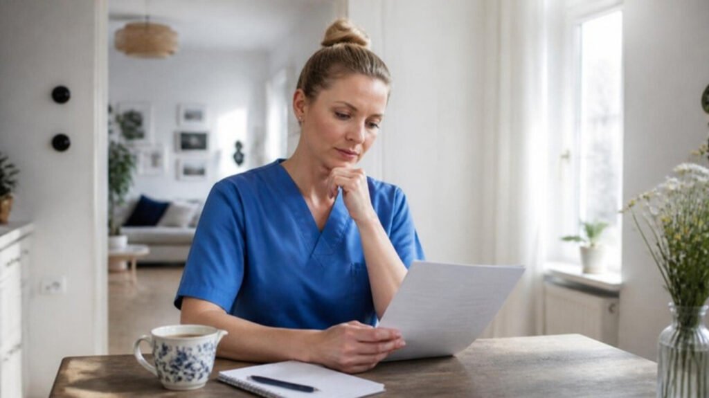 European nurse reading through a printed contract at home