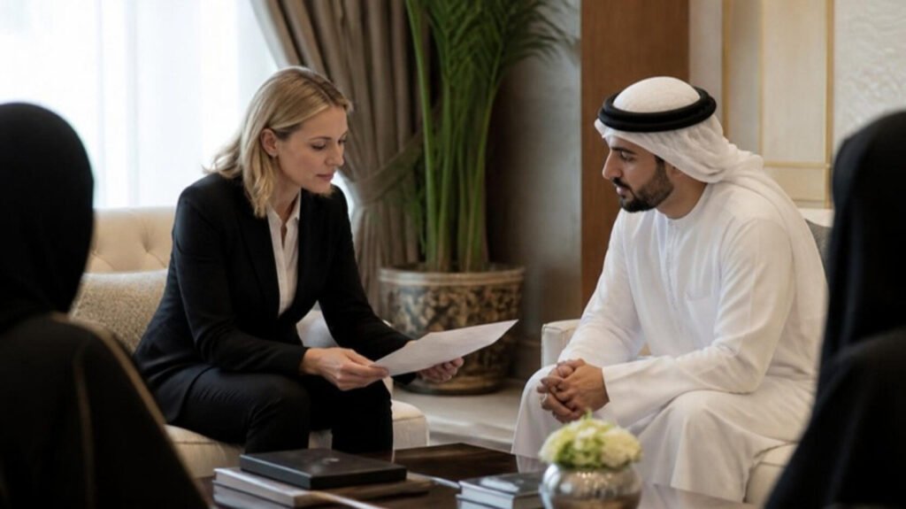 European clinician reviewing an appointment document with a Gulf family office adviser