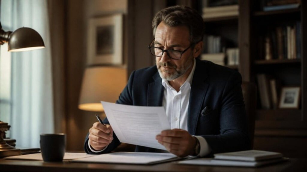 European physician reading a professional agreement in a quiet home study