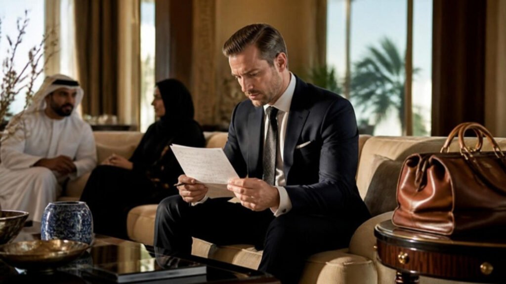 European concierge physician reviewing notes in the lounge of a private residence