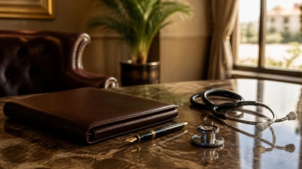Appointment file, fountain pen and stethoscope on a marble table in a private office