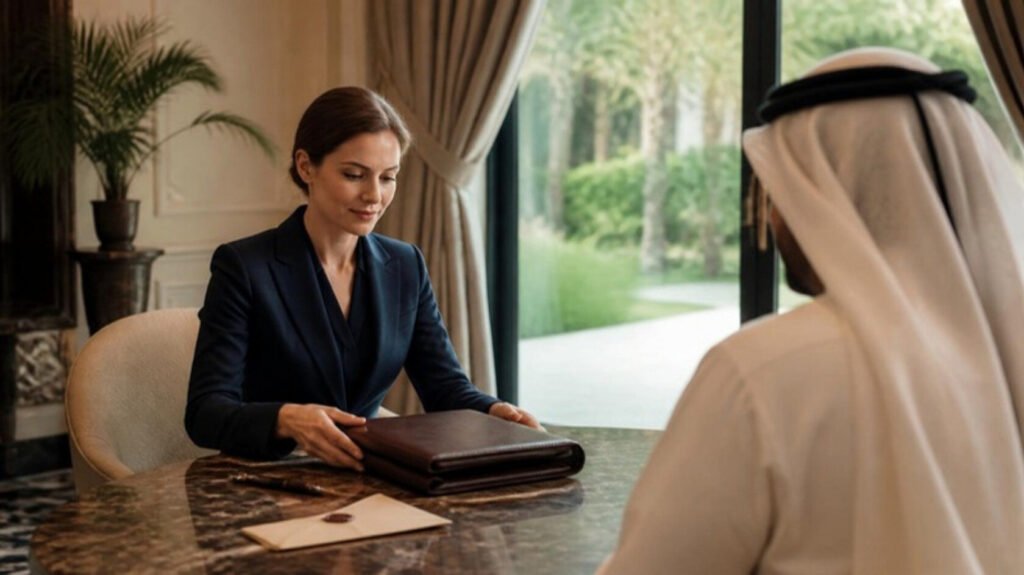 European concierge physician closing a confidential folder in a private study