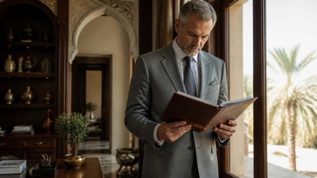 European senior consultant reviewing a planning notebook in the private study of a Gulf residence