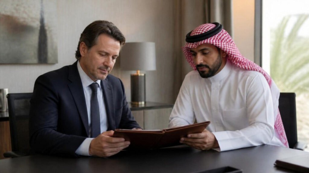 Consultant Salary in Saudi Arabia 2026: What Private Families Actually Pay 4 European consultant and a Saudi private secretary reviewing an appointment folder in Riyadh