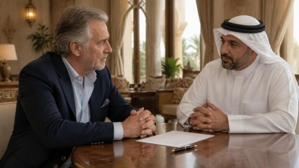 Senior UK-trained physician in a discreet conversation with a family office executive in a private residence