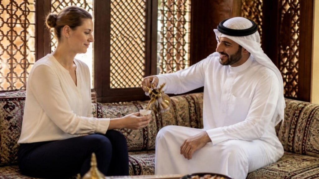 European clinician being served Arabic coffee by a Gulf host in a majlis