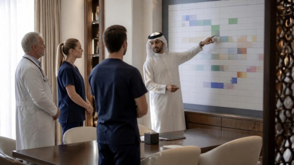Gulf private secretary explaining an annual rota to a European physician, nurse and physiotherapist