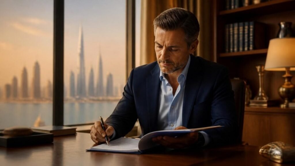 European consultant physician reviewing documents in a private study overlooking the Dubai skyline
